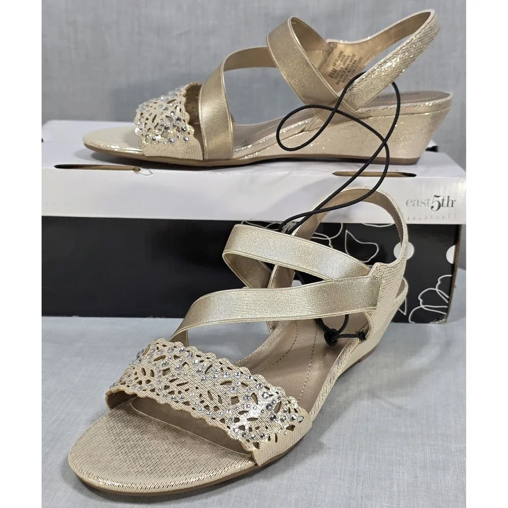 East‎ 5th Gladie Gold Wedge Sandals Rhinestone Dress Shoes Womens 8.5M 106-0208